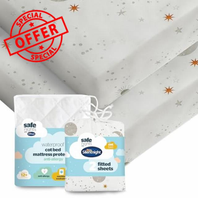 Silentnight Safe Nights Cot Bed Waterproof Mattress Protector & Fitted Sheet - Children Kids Baby Nursery Bed Pad Protection Against Spillages - 100% Cotton Super Soft - Machine Washable