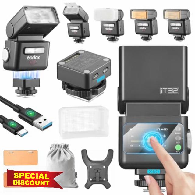 Godox IT32 Camera Flash TTL with X5O Flash Trriger for Olympus 2.4G GN18 510 Flashes at Full Touchscreen Built-in reflector LED light Magnetic colour filte