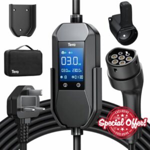 Tera EV Charger 3 Pin Plug: 6M 3kW Type 2 Charging Cable 6-13A Portable IP66 Electric Car Charger with 2.8'' LCD Display 5H Delay Time with Cable Holder & Bag for Home Outdoor Charging P06
