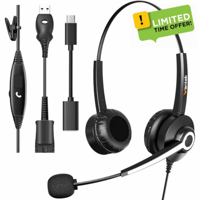 Wantek USB Headset with Microphone for PC Laptop Office USB Plug Type-C Adapter for Call Center Online Conferences Teams Meeting Skype
