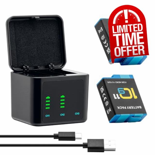 Hero 12 11 10 9 Battery (2000 mAh 2-Pack) Rechargeable Hero 11 Battery and 3 Channel USB LCD Battery Chargers Fully Compatible with Gopro Hero 12 Hero 11