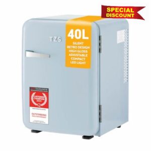 TZS First Austria - Retro Mini Fridge 40L Silent - Small mini fridge in vintage design with interior lighting & 2 door compartments - Minibar for camping