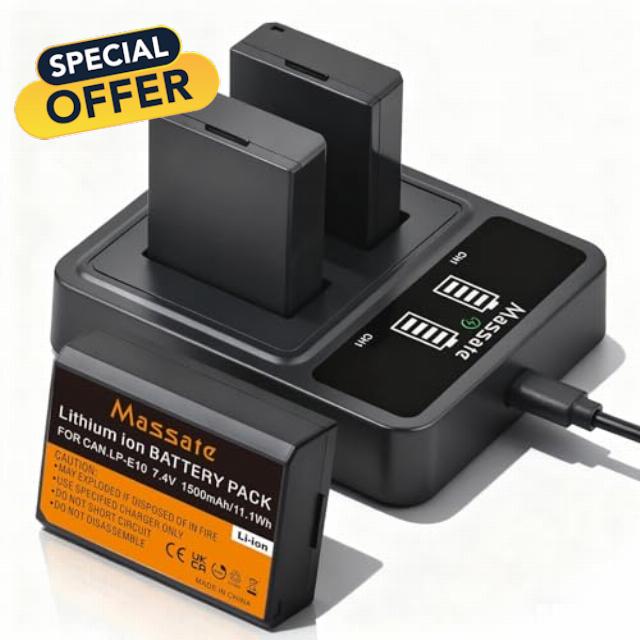 Massate 3-Pack 1500mAh LP-E10 Battery + LED 9V Fast Charger—Full Power 2.5H