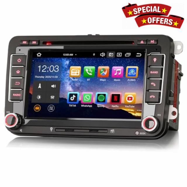 Erisin 8-Core 4GB+64GB 7 inch Android 14 Car Stereo Bluetooth For VW Polo Passat B6/B7 Golf MK 5/6 Caddy Tiguan Seat Skoda Sat Nav GPS CarPlay Android Auto DSP DAB+ WIFI 4G DVD Player OPS Head Uni