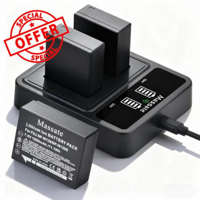 Massate 3-Pack 1500mAh NP-W126 NP-W126s Battery + LED 9V Fast Charger—Full Power 2.5H