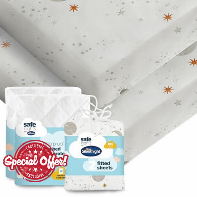 Silentnight Safe Nights Cot Bed Waterproof Mattress Protector & Fitted Sheet - Kids Baby Nursery Bed Pad Protection Against Spillages - 100% Cotton Super Soft - Machine Washable