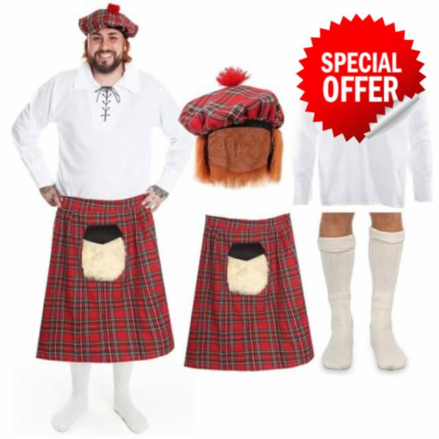 Scottish 4-Piece Costume Outfit - Red Tartan Kilt with Zipped Sporran