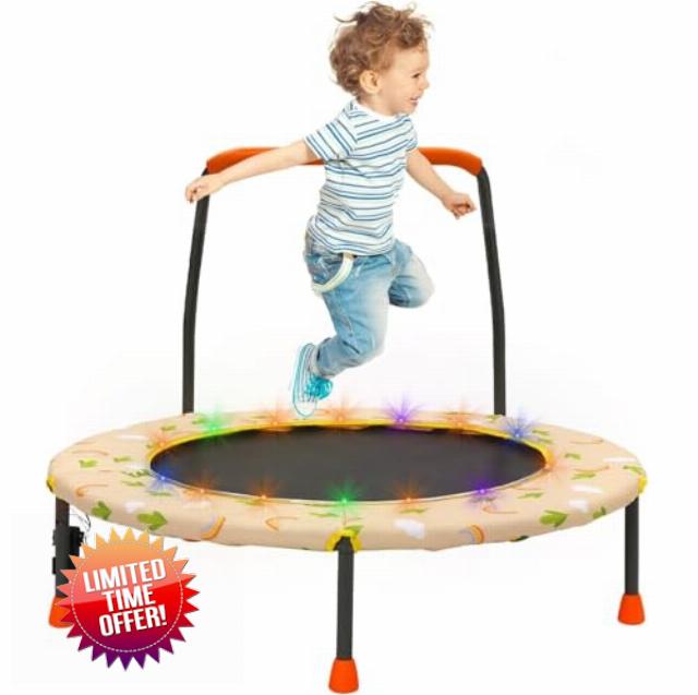 36“ Kids Trampoline Mini Fitness Height Adjustable Trampoline Cover with Handrail and Safety Padded Indoor/Outdoor Use for Toddler Boys Girls Play and Exercise