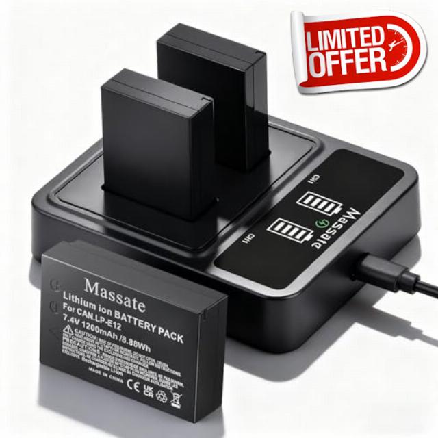 Massate 3-Pack 1200mAh LP-E12 Battery + LED 9V Fast Charger—Full Power 2.5H