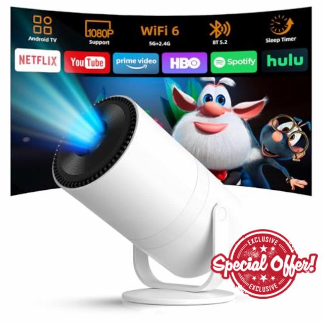 【Android 14 & Built-in Apps】Tecaki Mini Projector with WiFi 6 and Bluetooth 5.2