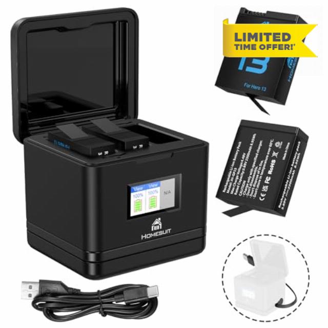 Homesuit Enduro Rechargeable Batteries 2300mAh & 3-Slots LCD Battery Charger for HERO13 Black Replacement Battery Accessory with Type-C (2-Pack)