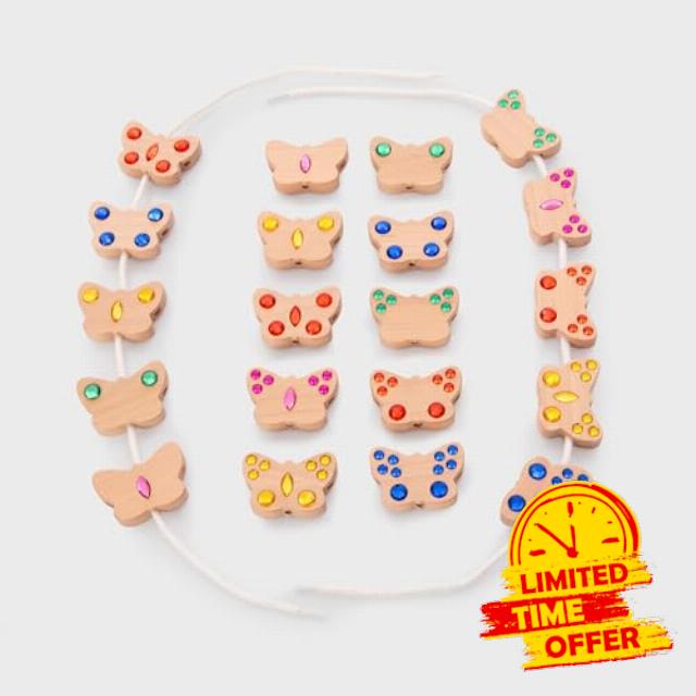 ickit Butterfly Lacing Jewels – FSC® Wooden Number Threading Cards – Fine Motor Counting Toy with Jewels and Laces for Early Maths and Creative Play
