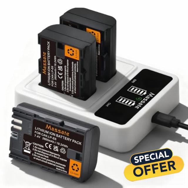 Massate 3-Pack 2600mAh LP-E6 Battery + LED 9V Fast Charger—Full Power 2.5Hrs