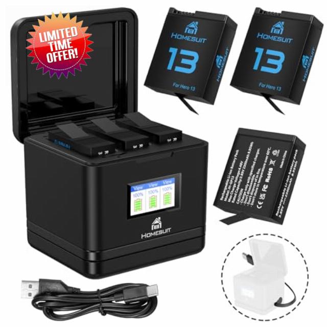 Homesuit Enduro Rechargeable Batteries 2300mAh & 3-Slots LCD Battery Charger for HERO13 Black Replacement Battery Accessory with Type-C (3-Pack)