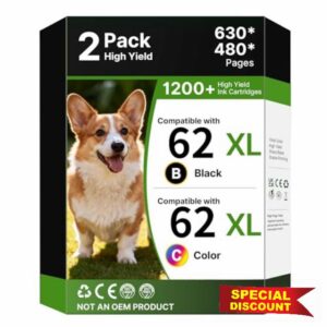 62 XL 62XL Ink Cartridges Black and Colour Replacement for HP 62 62XL Ink Cartridges Twin Pack for HP ENVY 5540 5546 5544 5644 5640 5646 5541 5542 5543 5545 OfficeJet 200 250 5740 5742 5744 (2-Pack)