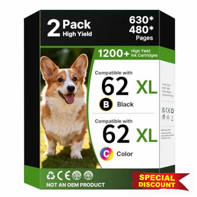 62 XL 62XL Ink Cartridges Black and Colour Replacement for HP 62 62XL Ink Cartridges Twin Pack for HP ENVY 5540 5546 5544 5644 5640 5646 5541 5542 5543 5545 OfficeJet 200 250 5740 5742 5744 (2-Pack)