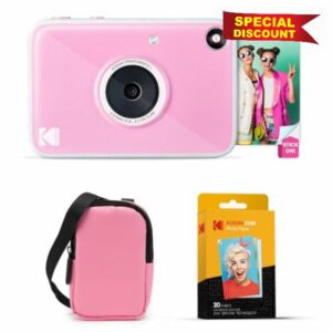KODAK Printomatic+ Instant Print Digital Camera Starter Bundle + Carrying Case (Pink) + Zink 20pk Sticky-Back Photo Paper - 10MP