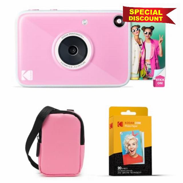 KODAK Printomatic+ Instant Print Digital Camera Starter Bundle + Carrying Case (Pink) + Zink 20pk Sticky-Back Photo Paper - 10MP