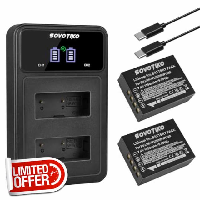 NP-W126S Battery 2-Pack and Dual Port PD Fast Charger for Fujifilm NP-W126 NP-W126S X-T100