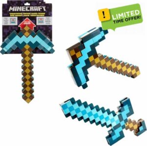 Mattel Minecraft Transforming Diamond Sword & Pick-Axe Kid-Sized 2-in-1 Toy Accessory for Role-Play & Costumes