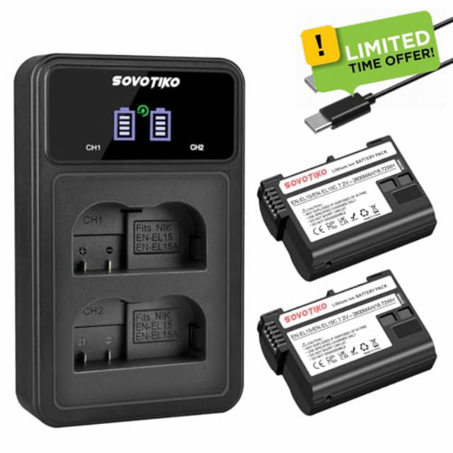 SOVOTIKO EN-EL15/EN-EL15C/B/A Battery 2-Pack and Dual Port Charger for Nikon Z8 Z7 Z6 Z6II Z6III Z5 Battery Compatible for Nikon D850 D810 D800 D7500 D7200 D7100 D7000 D780 D750 D610 D600