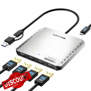 WAVLINK USB 3.0 or USB C to Quad Displayport Splitter Extended Display for Four Monitor with 85W PD