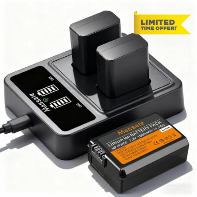 Massate 3-Pack 1500mAh NP-FW50 Battery + LED 9V Fast Charger—Full Power 2.5H