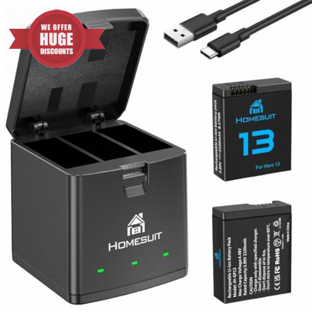 Homesuit Enduro Rechargeable Batteries 2100mAh & 3-Slots Battery Charger for HERO13 Black Replacement Battery Accessory with Type-C (2-Pack)