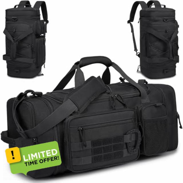 Tactical Gym Bag Mens Travel Duffel Bag 50-55L Expandable Sports Duffle Bag with Shoe Compartment 3 in 1 Medium Holdall Backpack Weekend Overnight for Training