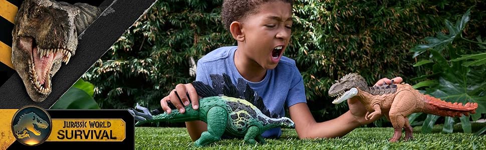 Text reads 'SURVIAL GUIDE' in bottom corner. Outdoor action scenes showing interactions with toy dinosaurs in natural settings.