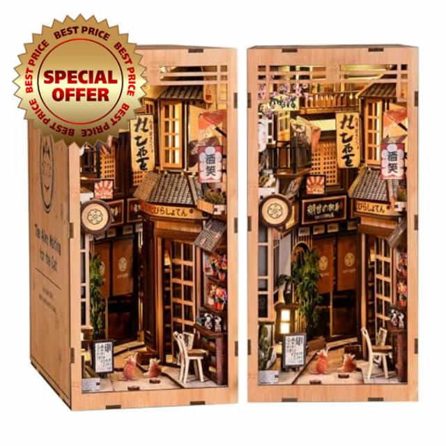 DIY Wooden Japanese Book Nook Shelf Insert Kits Miniature Model Kit The Alley Waiting for The Cat Bookend 3D Puzzle Birthday Gifts Color5