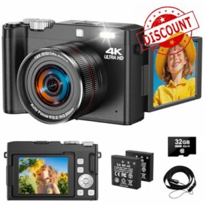 4K 64MP Digital Camera - 2.8 Inch 180 Degree Auto Focus Rechargeable Vlogging Camera，18X Digital Zoom