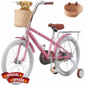 LSLIFE Girls Kids Bike14 16" 18" 20" 22" Inch Pink Children Bicycle with Wicker Basket 3-14 Years Old Stabilizers Double Brake Adjustable Seat Birthday Christmas Bike Gifts