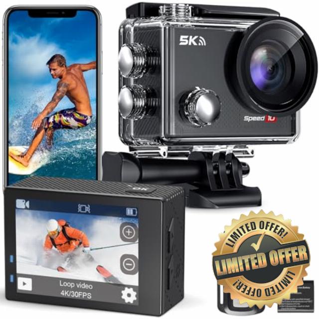 Action Camera 5K 30FPS Waterproof Camera Underwater 131FT with EIS WiFi App Remote Control 64GB Card 170° Wide Angle Sports Helmet Bike Video Black with 64GB Card
