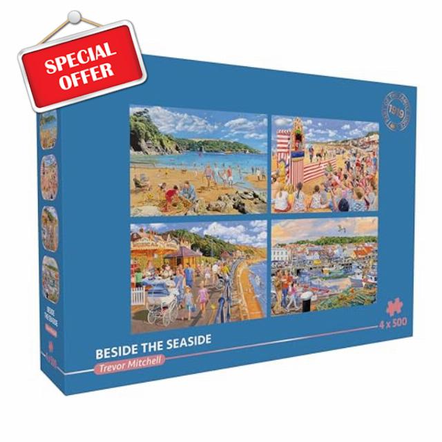 Gibsons Beside the Seaside 4 x 500 Piece Jigsaw Puzzle Set for Adults – Four Charming Summer Seaside Scenes by Trevor Mitchell – Family Beach Holiday Theme – Premium Multi‑Box Puzzle Collectio