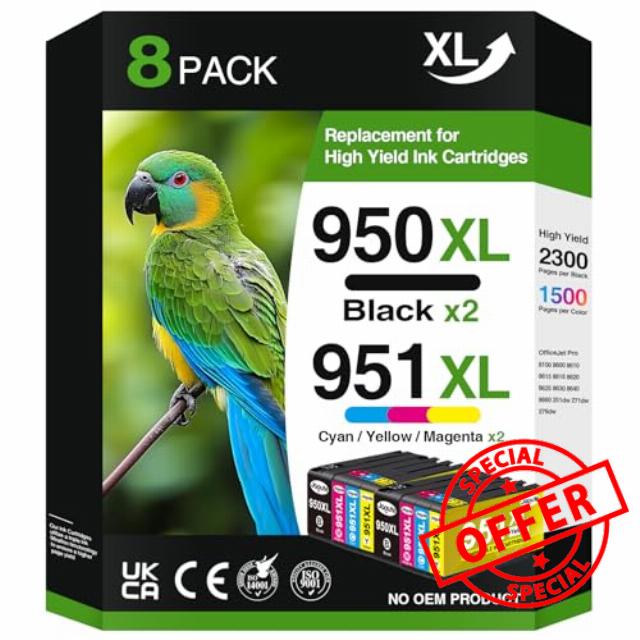 8 Pack 950XL 951XL Ink Cartridges Combo Pack for HP 950 951 XL Compatible with HP Officejet Pro 8620 8600 8610 8100 8615 8616 8625 8630 8640 8660 251dw 276dw 271dw (Black Cyan Magenta Yellow)