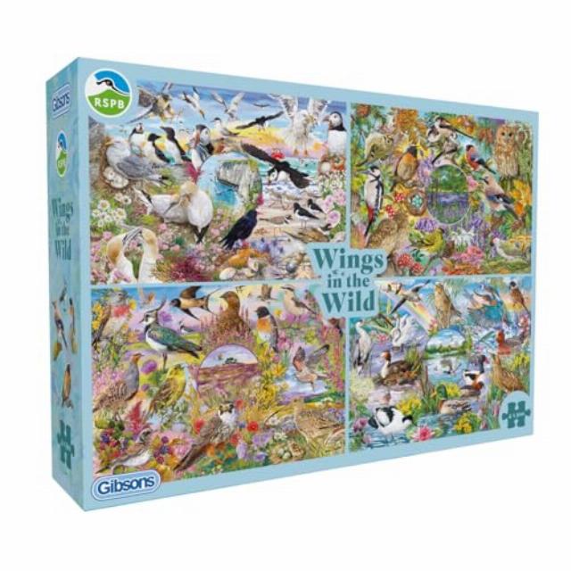 Gibsons RSPB Wings in the Wild 4 x 500 Piece Jigsaw Puzzle Set for Adults – Four Beautiful Bird & Nature Scenes by Janice Daughters – Premium Multi‑Box Puzzle Collection - Great Gif
