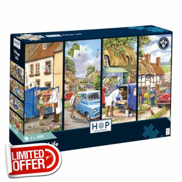 The House of Puzzles | Village Life Jigsaw Puzzles | 500 Piece | Towns and Villages Theme | FSC Certified Board | Multi-Pack | 4 Puzzles