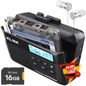 KLIM K7 Cassette Tape Player with Fusion Earphones - Cassette to MP3 Converter - Portable - Tape Recorder with Built-in Microphone & Speaker - Rechargeable Battery - Earphones - 16GB SD Card - Black
