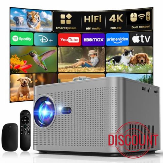 Projector 1080P Native Support 4K Built-in Apps Smart Projector with WiFi 6 and Bluetooth 180° Rotatable Auto Keystone Compatible with HDMI/TV Stick/Memory Stick/Laptop