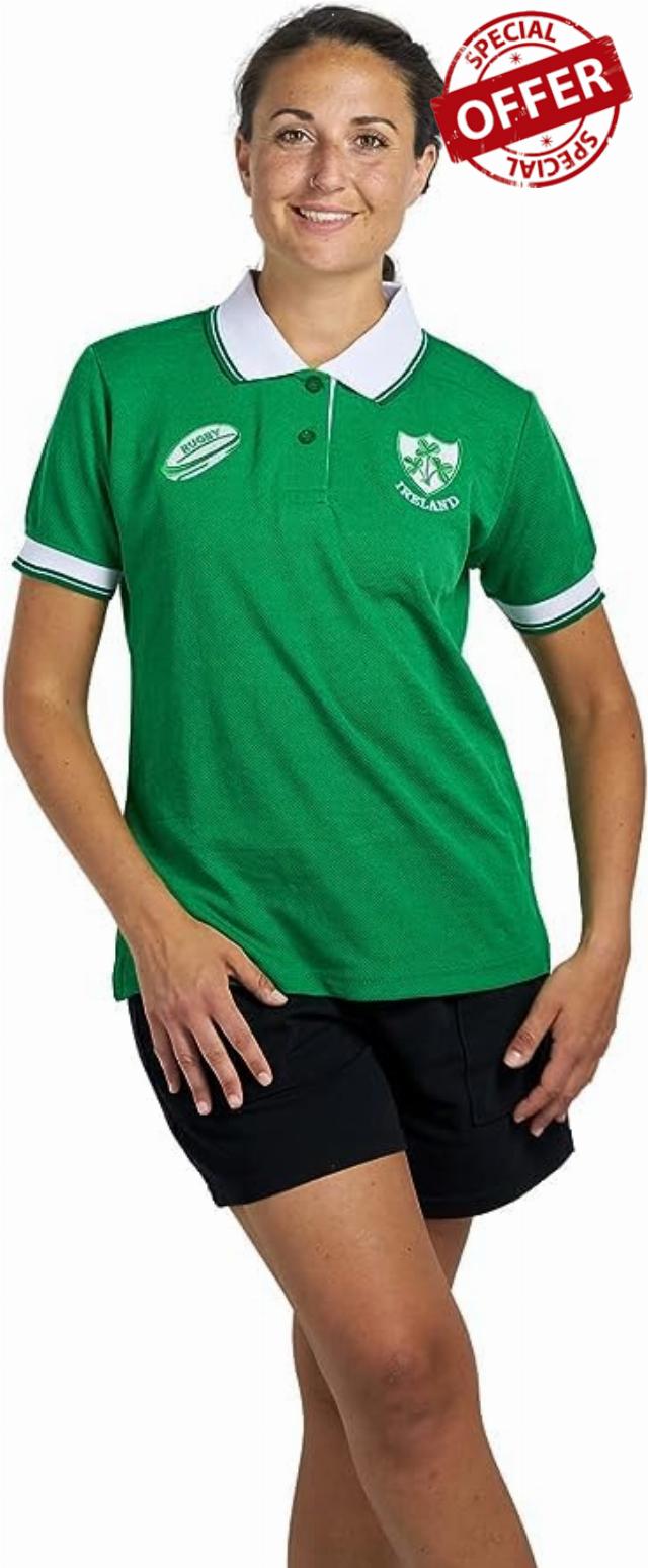 Women Ireland Rugby Fan Supporter T Shirt Button Down Collar Style Short Sleeve Size 8-10 to 24-26 (S to XXL)