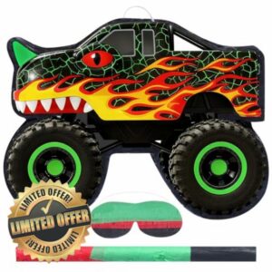 Threan Monster Truck Party Decorations Dinosaur Monster Truck Piñata Dino Car Piñata Game with Stick Blindfold for Children Boys Cool Birthday Party Decor Favors Supplies