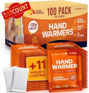 Disposable Hand Warmers Bulk Pack 50 Pairs (100 Warmers) 11+ Hour Air-Activated Hot Hands Hand Warmers Disposable - TSA Approved Pocket & Glove Warmers for Skiing