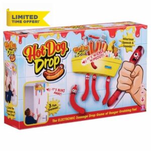 Electronic baton drop reaction game with sound effects for whole family. Sausage catching game for 5 years and up.