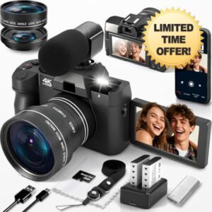 4K Digital Camera for Photography with WiFi Vlogging Camera for YouTube Auto-Focus Compact Digital Camera with Flip Screen