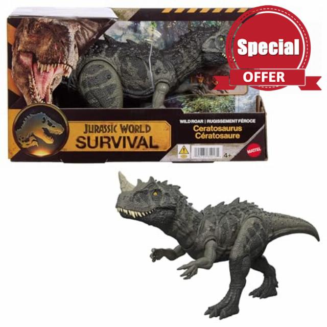 Mattel Jurassic World Wild Roar Ceratosaurus Dinosaur Action Figure Toy with Chomp Attack