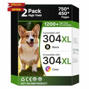 304XL Printer Ink Cartridges Combo Pack Replacement for HP 304 Ink Cartridges 304 XL Black and Colour for HP Envy 5010 5020 5032 5030 5000 DeskJet 3760 3762 2600 2620 2630 2633 3720 3750 (2-Pack)