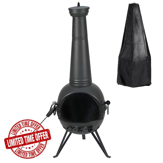 Gr8 Garden 130cm Tall Large Garden Patio Chiminea Wood Log Burner Fire Pit BBQ Cooking Grill Barbecue Heater Steel Outdoor Fireplace With Poke