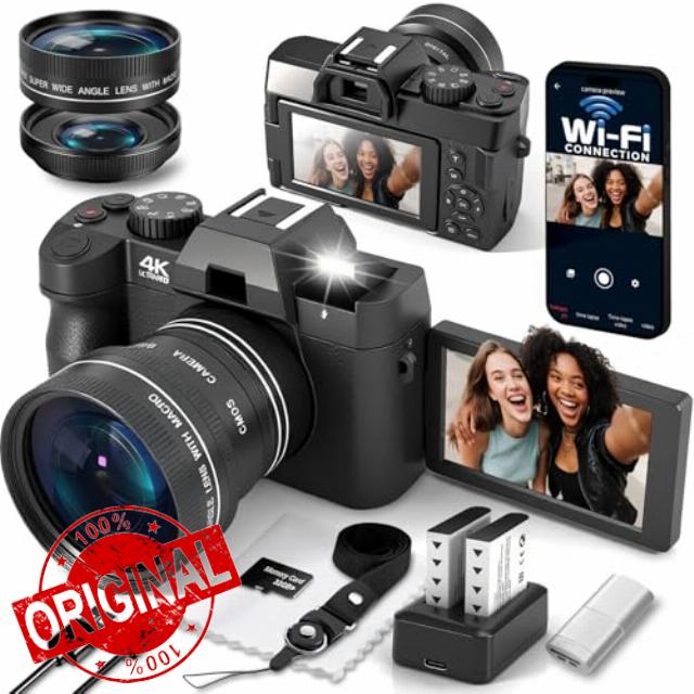 4K Digital Camera for Photography with WiFi Vlogging Camera for YouTube Auto-Focus Compact Digital Camera with Flip Screen