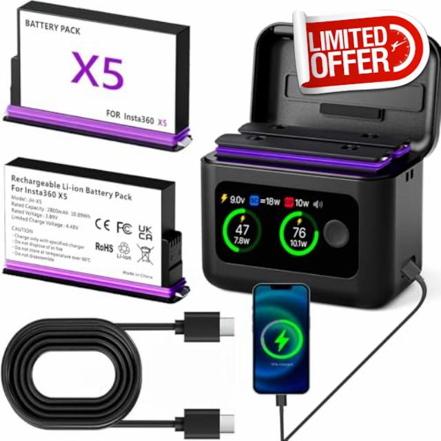 2 x 360 x 5 2800 mAh Batteries with 2 Slots USB Quick Charge Charger